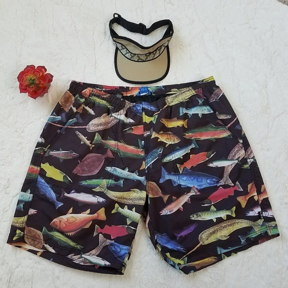 KAVU Strap Visor & Men's Fish Swim Trunks